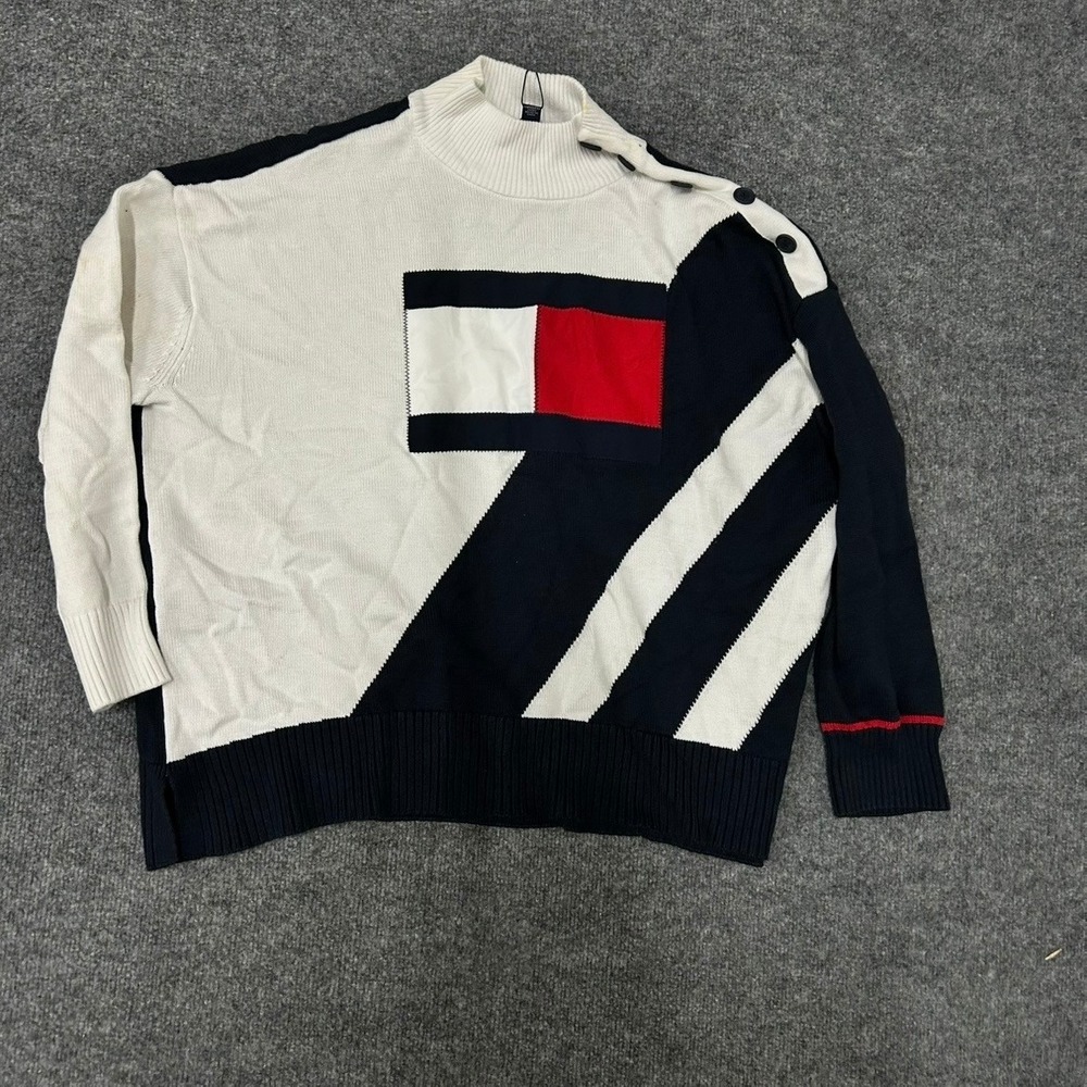 Tommy Hilfiger Sweater Womens L Navy White Viscose Blend Colorblock Mock Neck